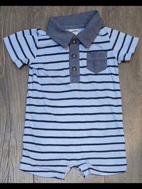 Carter's Baby Boy Light Blue & Navy Stripe Polo Romper Snap Closure 6M